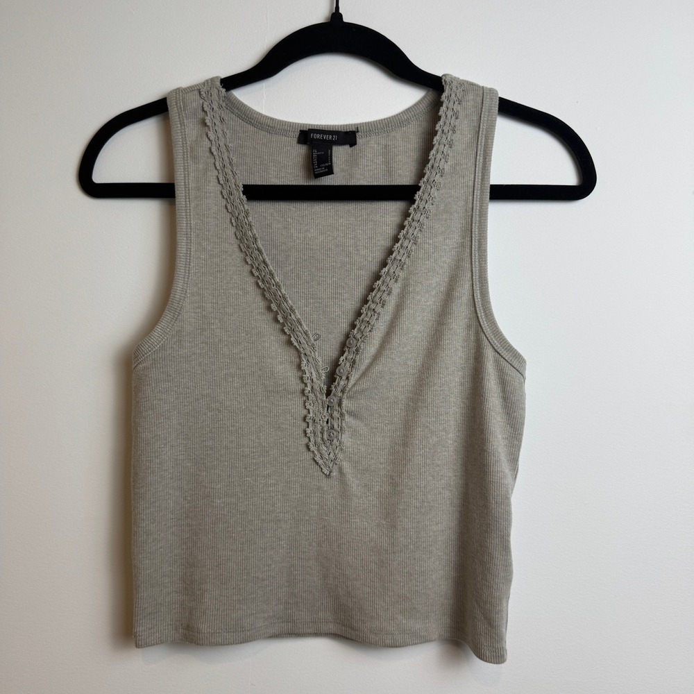 Forever‎ 21 Tank Top Womens L Gray Cotton Ribbed Lace Trim Coquette Balletcore